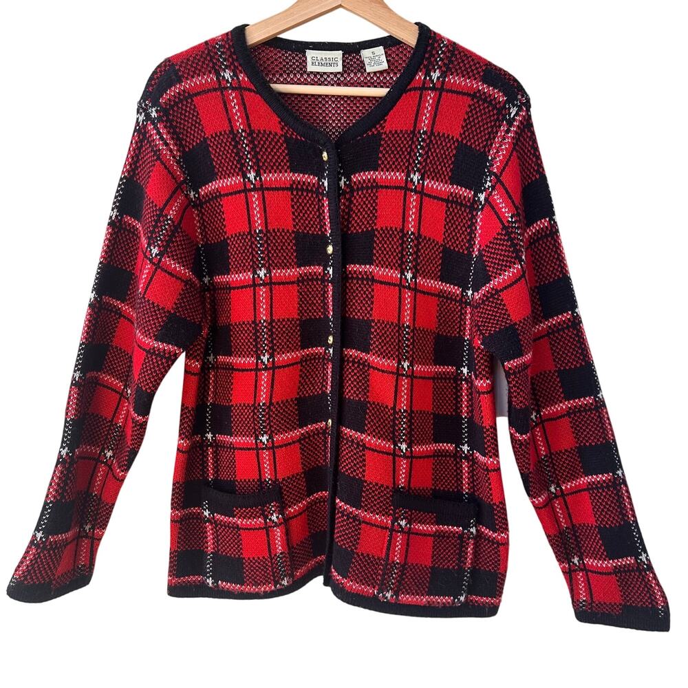 VTG Classic Elements Plaid Cardigan Sweater Small Red White Black Acrylic